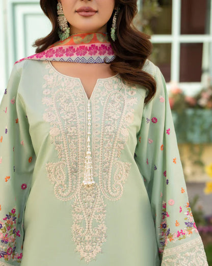 Sage Tint Embroidered Pure Cotton Farshi Shalwar Suit