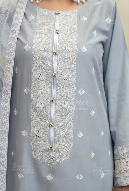 Pale Blue Kashmiri Stitch Long Pure Cotton Suit