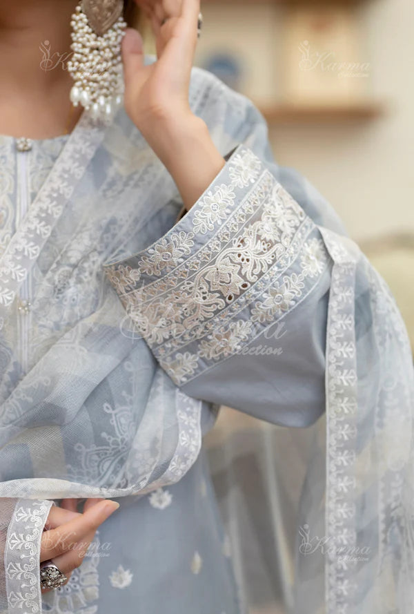 Pale Blue Kashmiri Stitch Long Pure Cotton Suit