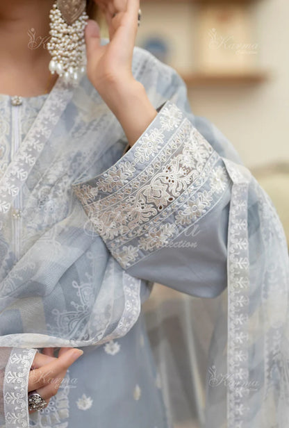 Pale Blue Kashmiri Stitch Long Pure Cotton Suit