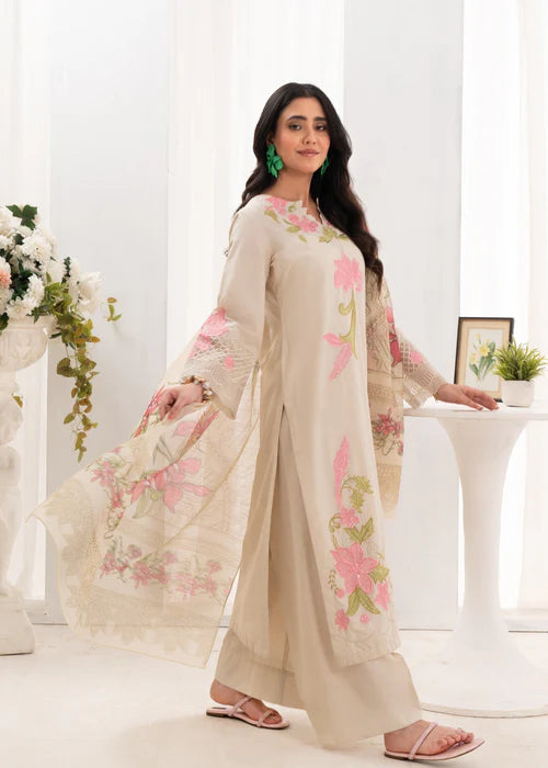 Ivory Floral Embroidered Lawn Kurta Set with Dupatta