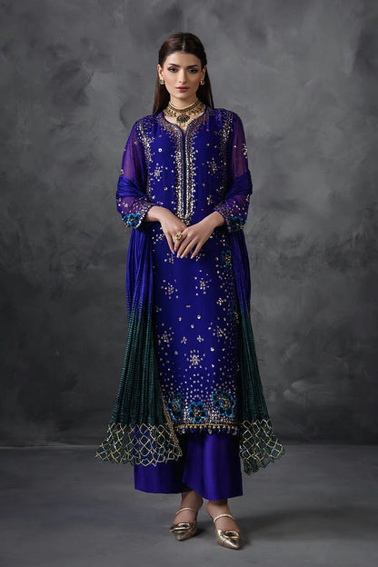 Hand Embroidered Royal Blue Crinkle Chiffon Designer Suit