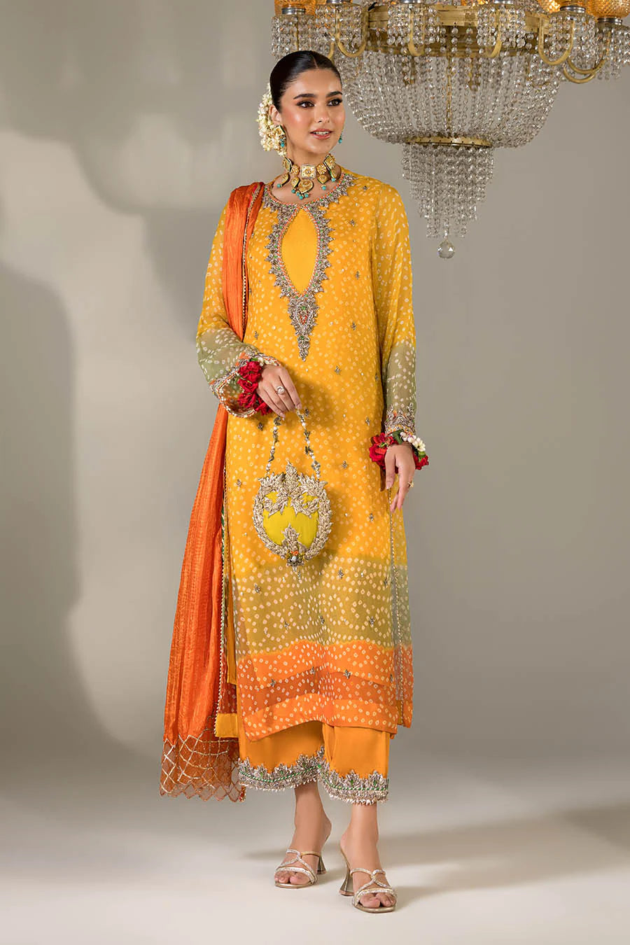 Hand Embroidered Mustard Yellow Chunnari Designer Suit