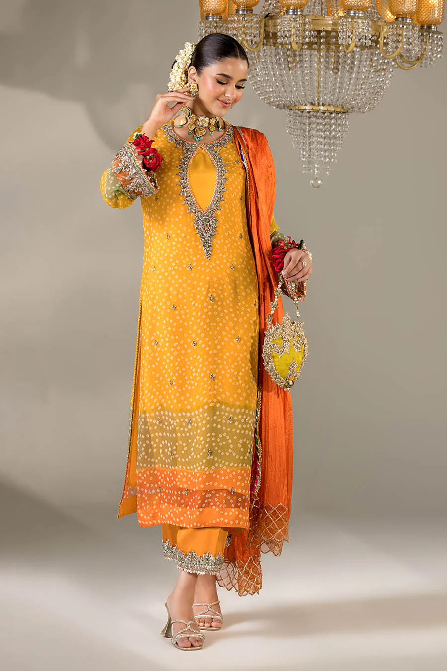Hand Embroidered Mustard Yellow Chunnari Designer Suit