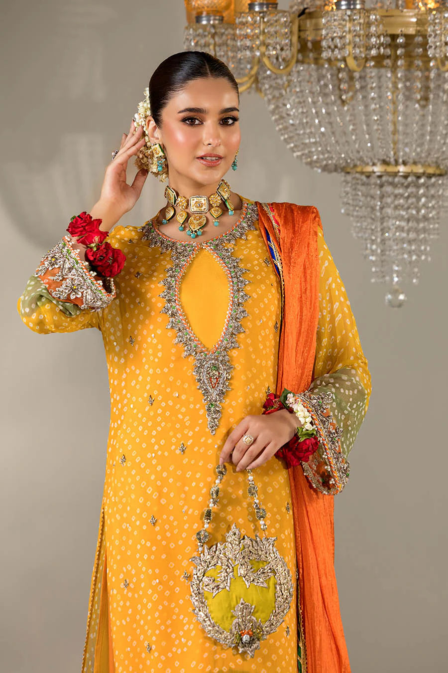 Hand Embroidered Mustard Yellow Chunnari Designer Suit