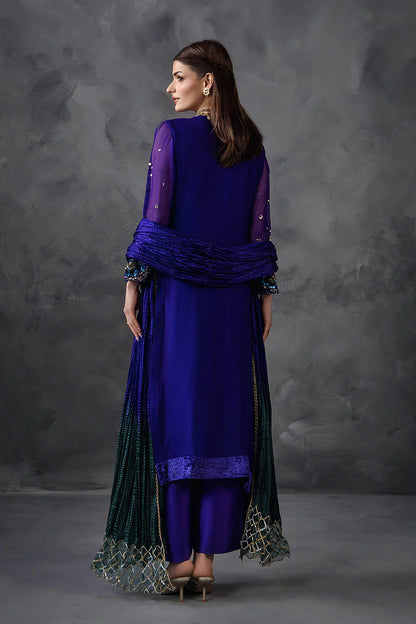 Hand Embroidered Royal Blue Crinkle Chiffon Designer Suit