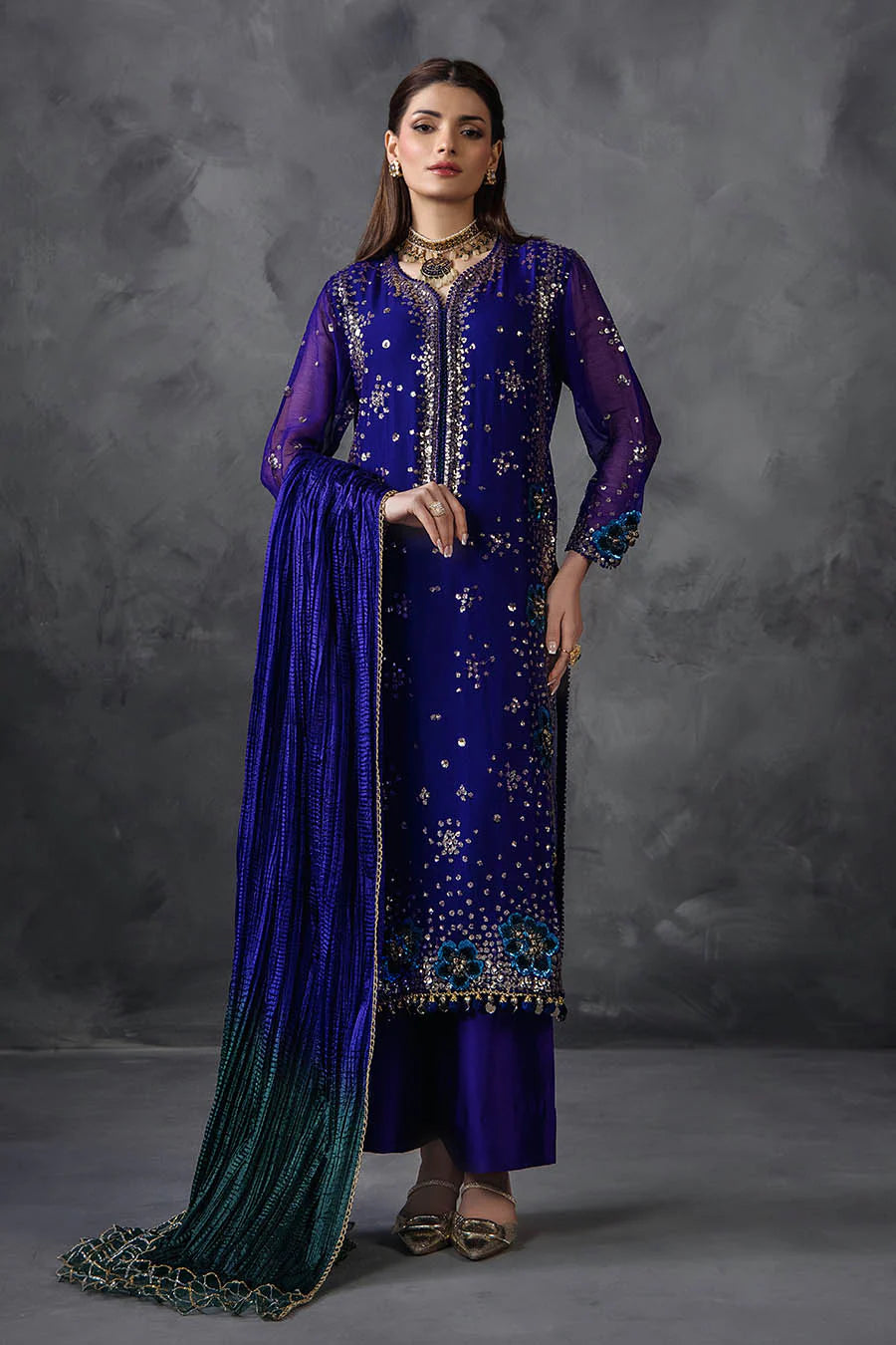 Hand Embroidered Royal Blue Crinkle Chiffon Designer Suit