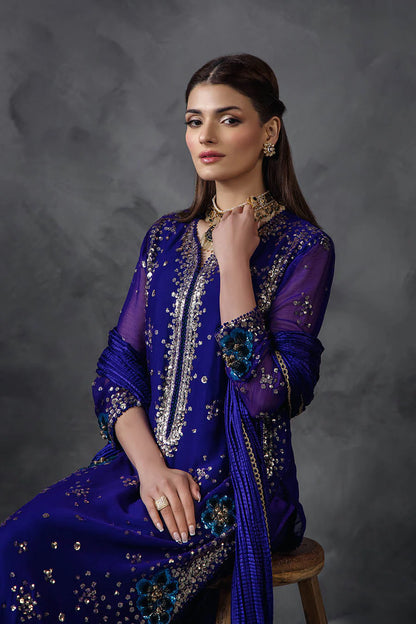 Hand Embroidered Royal Blue Crinkle Chiffon Designer Suit