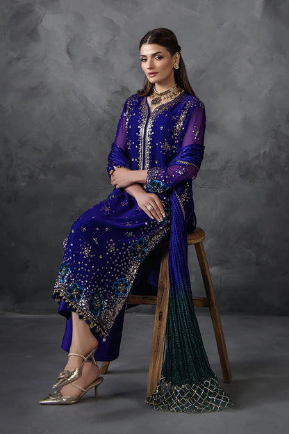Hand Embroidered Royal Blue Crinkle Chiffon Designer Suit