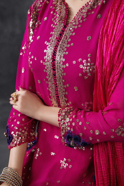 Hand Embroidered Magenta Crinkle Chiffon Designer Suit