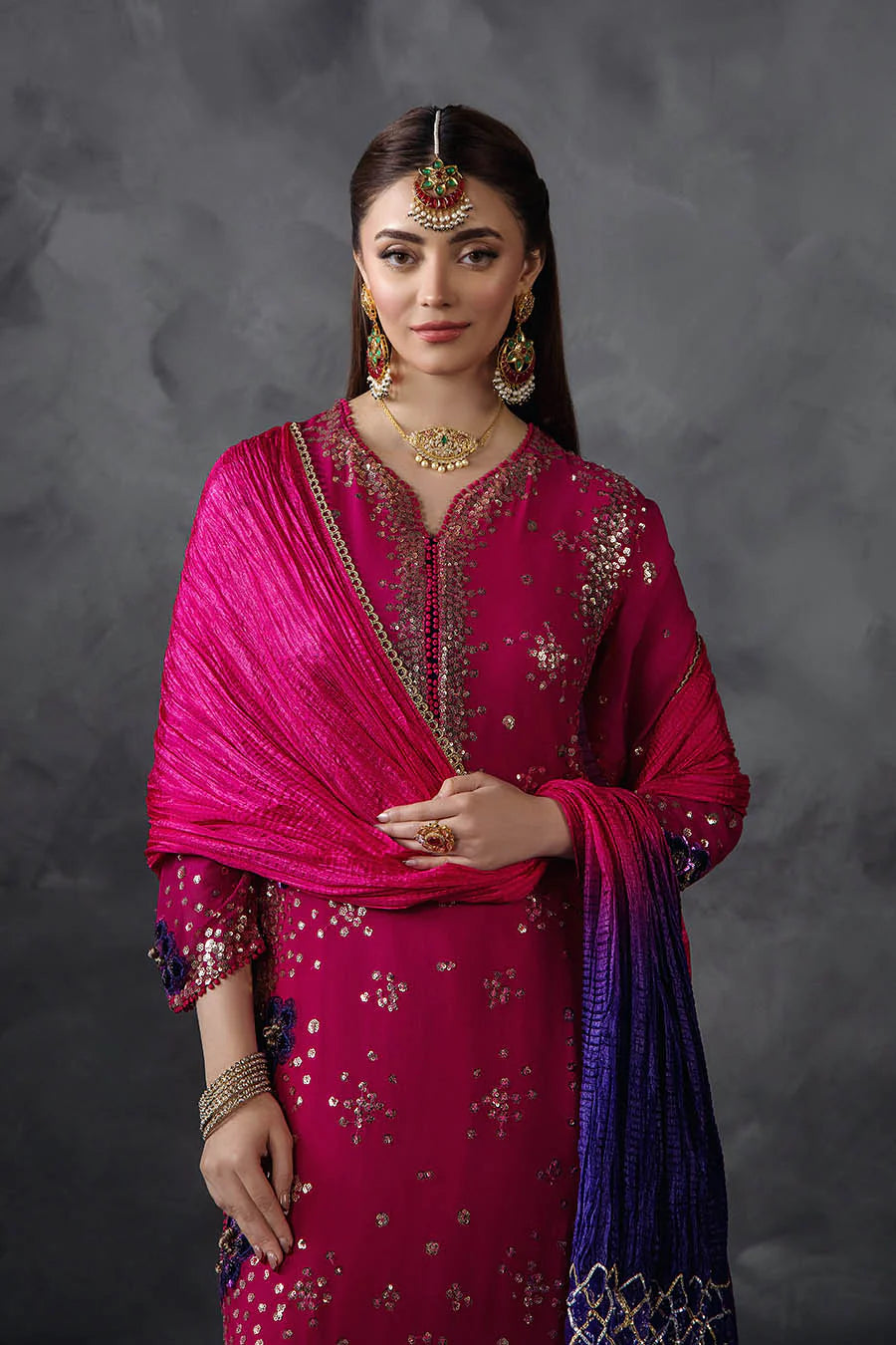 Hand Embroidered Magenta Crinkle Chiffon Designer Suit