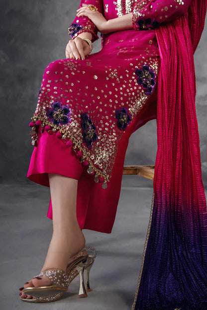 Hand Embroidered Magenta Crinkle Chiffon Designer Suit
