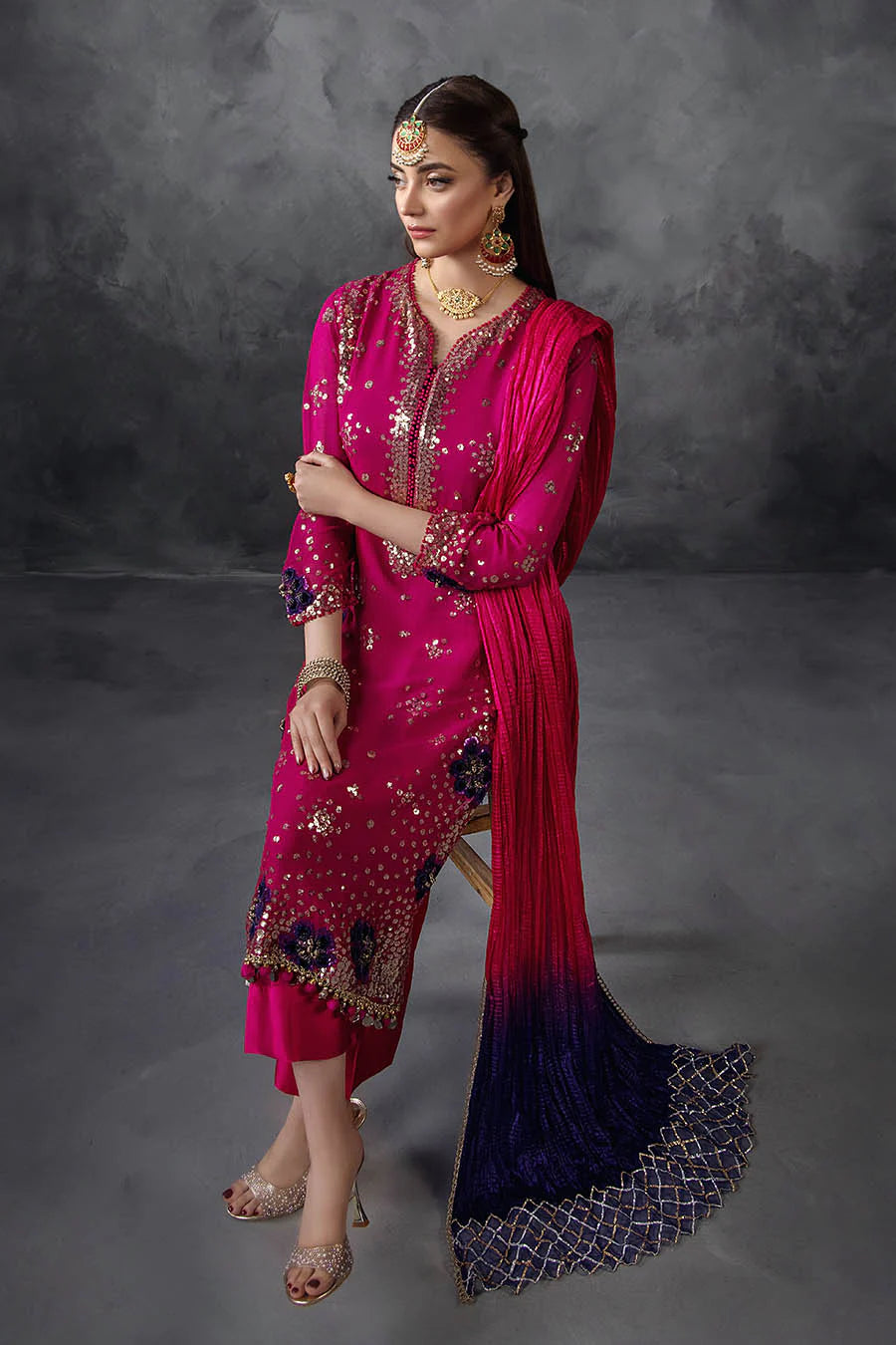 Hand Embroidered Magenta Crinkle Chiffon Designer Suit