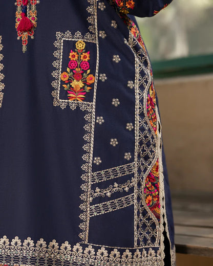 Peacock Blue Kotrai Embroidered Farshi Shalwar Suit