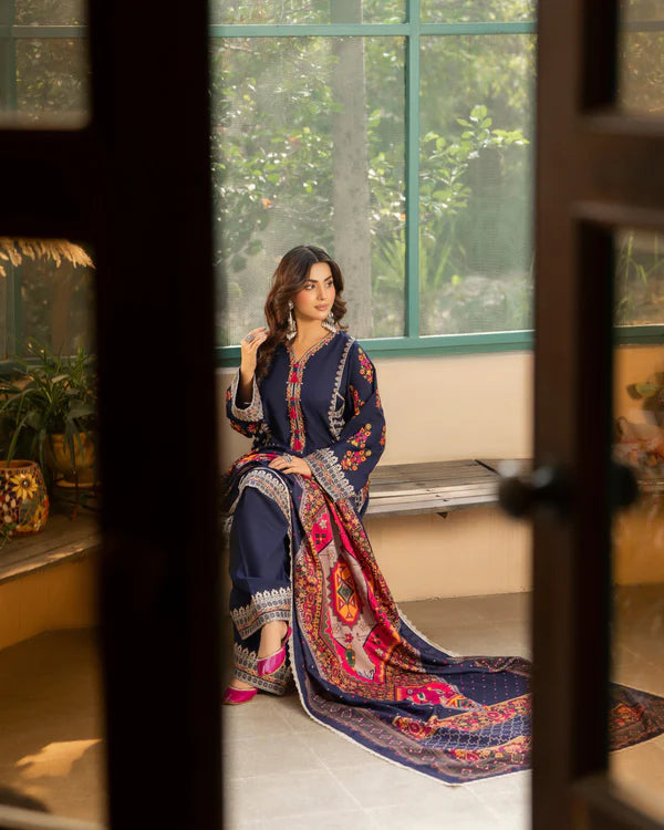 Peacock Blue Kotrai Embroidered Farshi Shalwar Suit