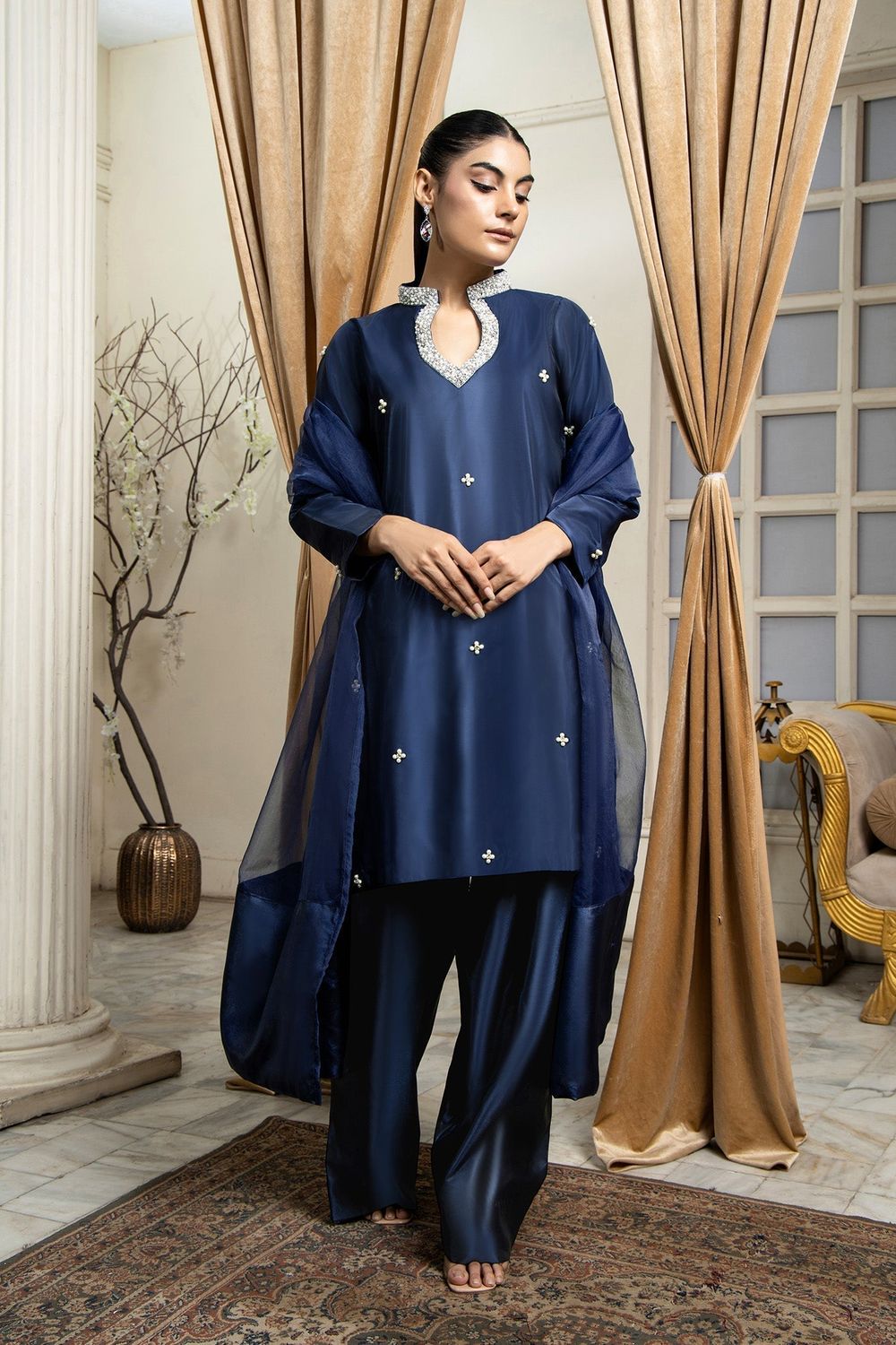 Navy Blue Hand Embellished Kattan Silk Farshi Suit
