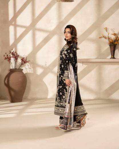 Black Heavy Embroidered Pure Cotton Suit with Long Shirt