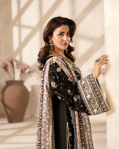 Black Heavy Embroidered Pure Cotton Suit with Long Shirt
