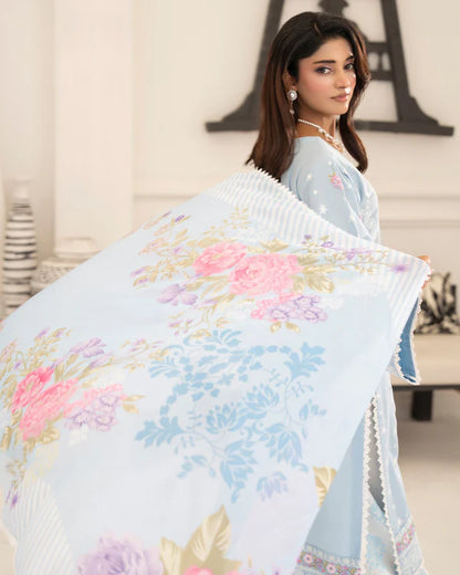 Dusty Blue Pure Cotton Embroidered Suit