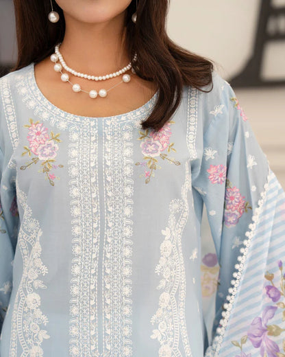 Dusty Blue Pure Cotton Embroidered Suit