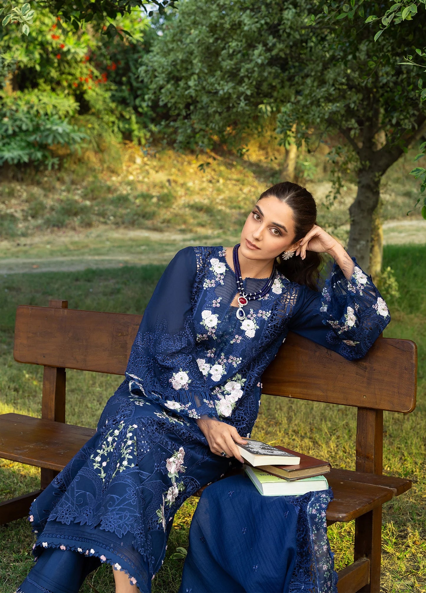 Navy Blue Chikankari Embroidered Luxury Lawn Suit with Laser Cutwork