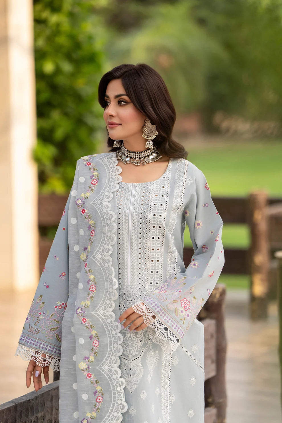 Ice Blue Chikankari Suit with Cross Stitch Work