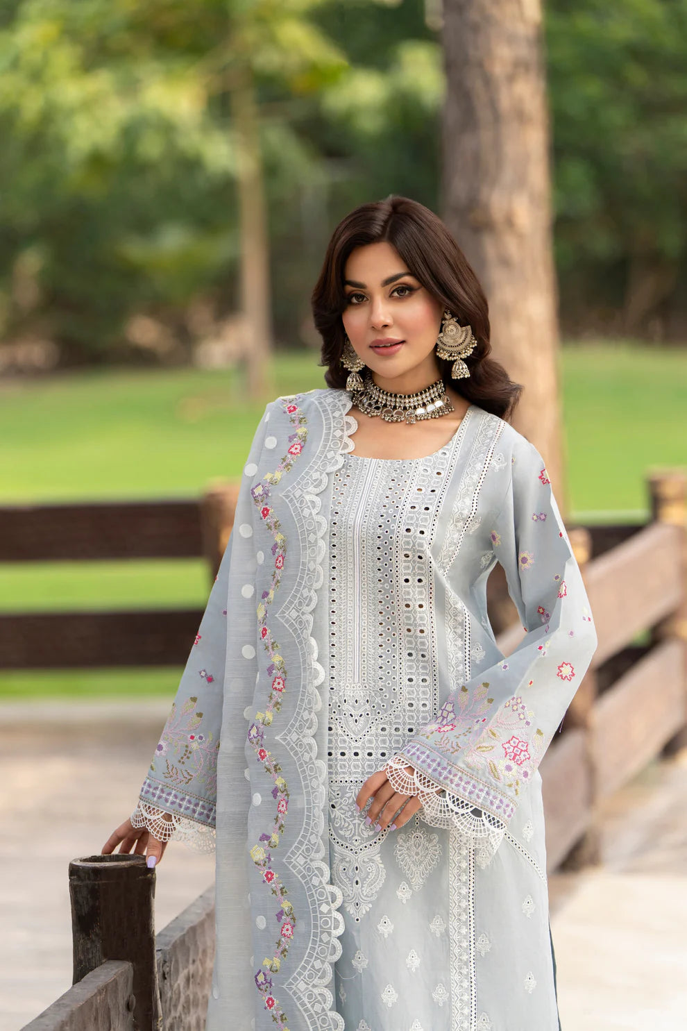 Ice Blue Chikankari Suit with Cross Stitch Work