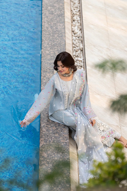 Ice Blue Chikankari Suit with Cross Stitch Work