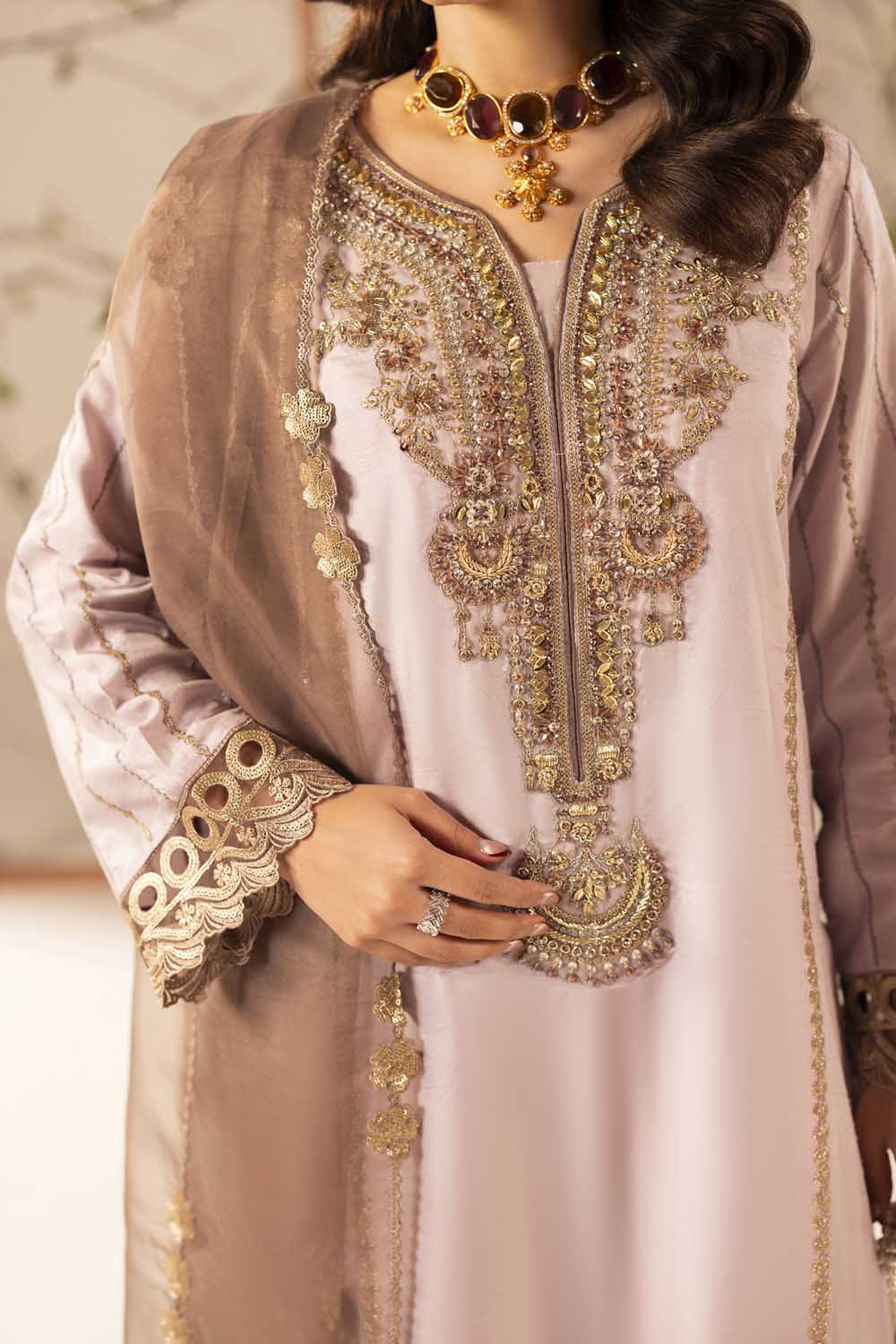 Mauve Pink Embellished & Embroidered Raw Silk Suit with Potil