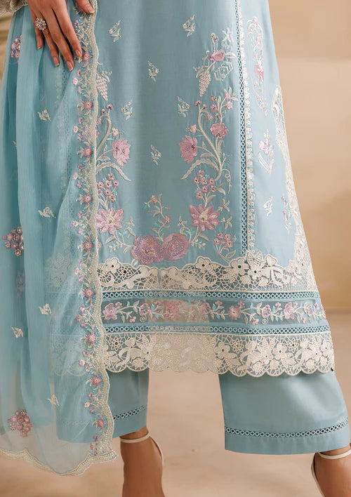 Sky Blue Embroidered Luxury Lawn Suit with Chiffon Dupatta