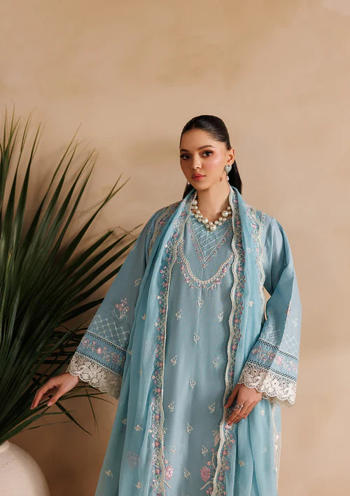 Sky Blue Embroidered Luxury Lawn Suit with Chiffon Dupatta