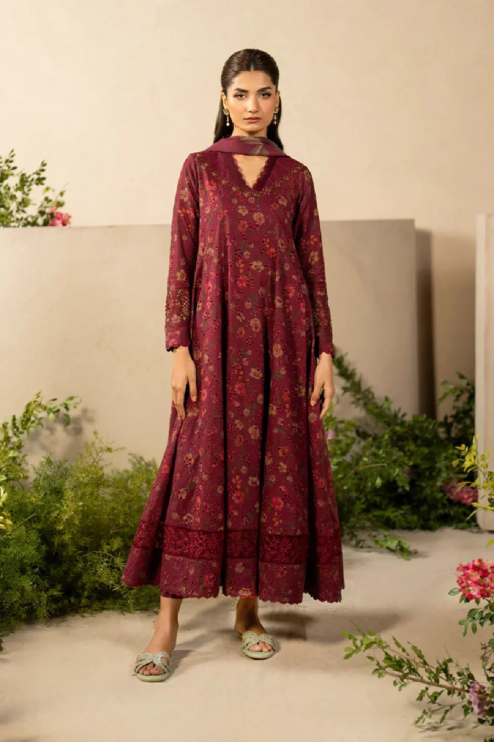 Maroon Chikankari Embroidered Lawn Suit with Chiffon Dupatta