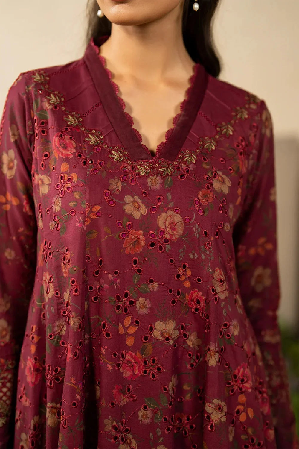 Maroon Chikankari Embroidered Lawn Suit with Chiffon Dupatta