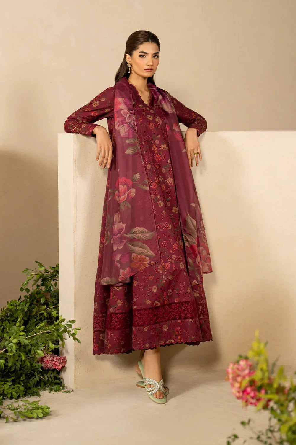 Maroon Chikankari Embroidered Lawn Suit with Chiffon Dupatta