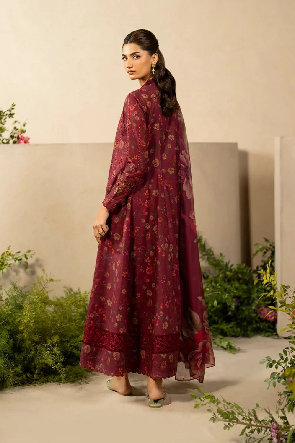 Maroon Chikankari Embroidered Lawn Suit with Chiffon Dupatta