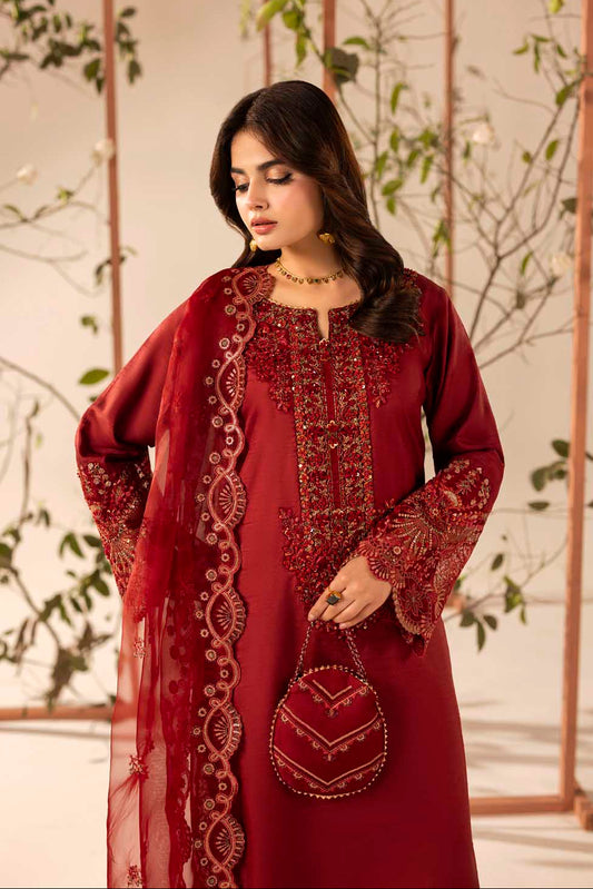 Red Hand Embellished & Embroidered Raw Silk Suit with Potil