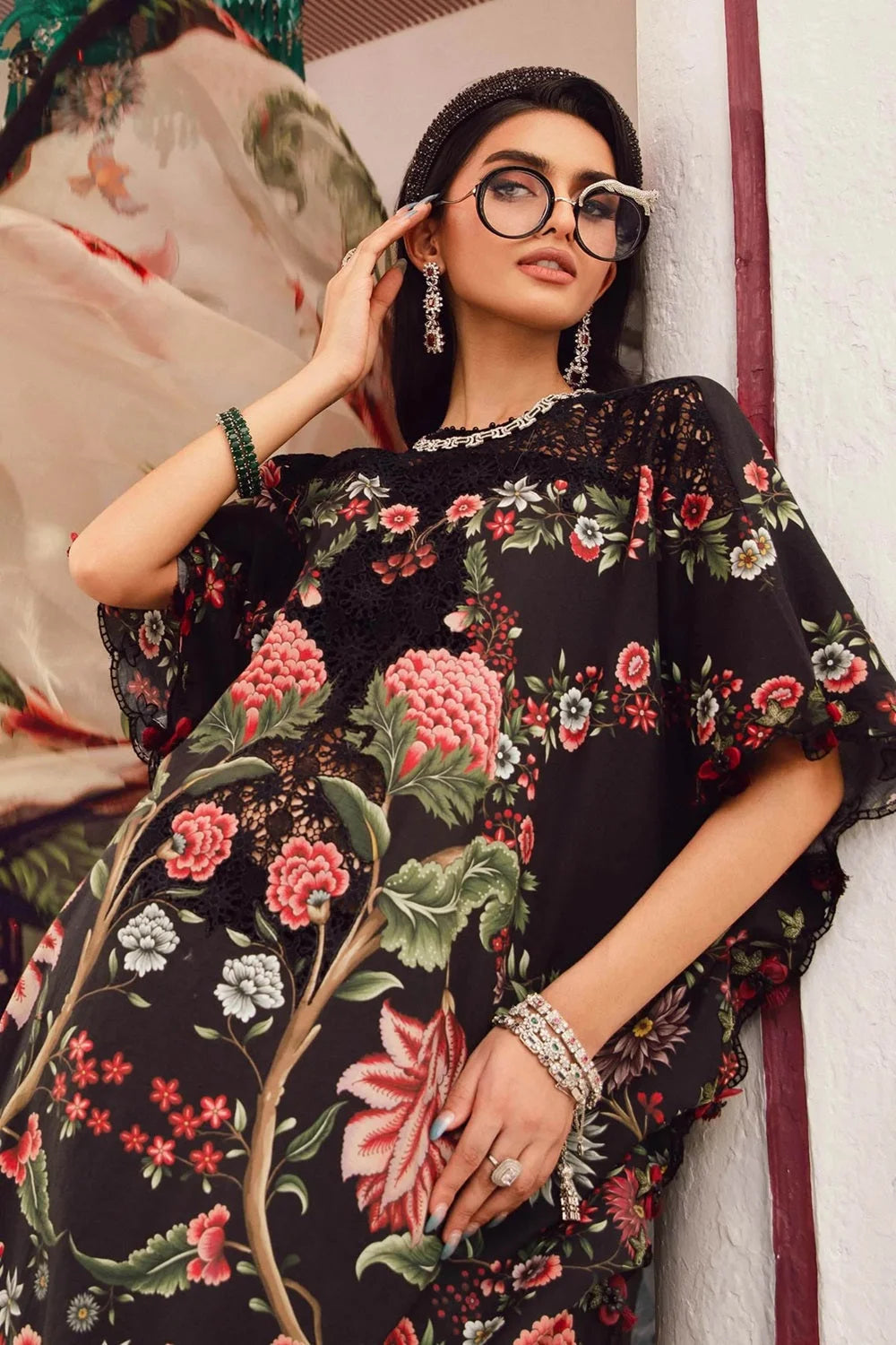 Black Floral Printed Pure Lawn Suit with Embroidered Laces