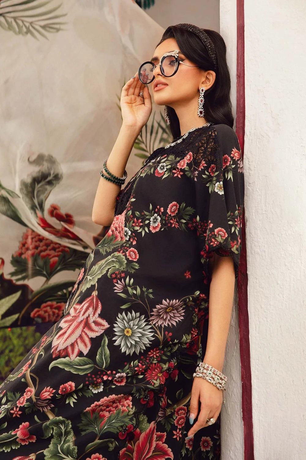 Black Floral Printed Pure Lawn Suit with Embroidered Laces