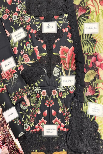 Black Floral Printed Pure Lawn Suit with Embroidered Laces