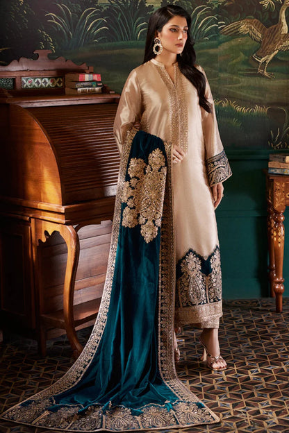 Light Gold Brocade Tissue Suit with Heavy Embroidered Velvet Dupatta