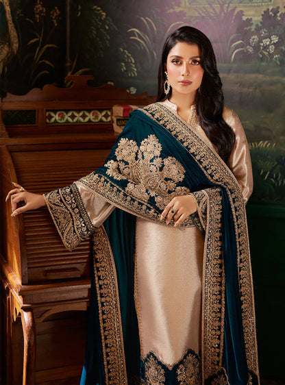 Light Gold Brocade Tissue Suit with Heavy Embroidered Velvet Dupatta