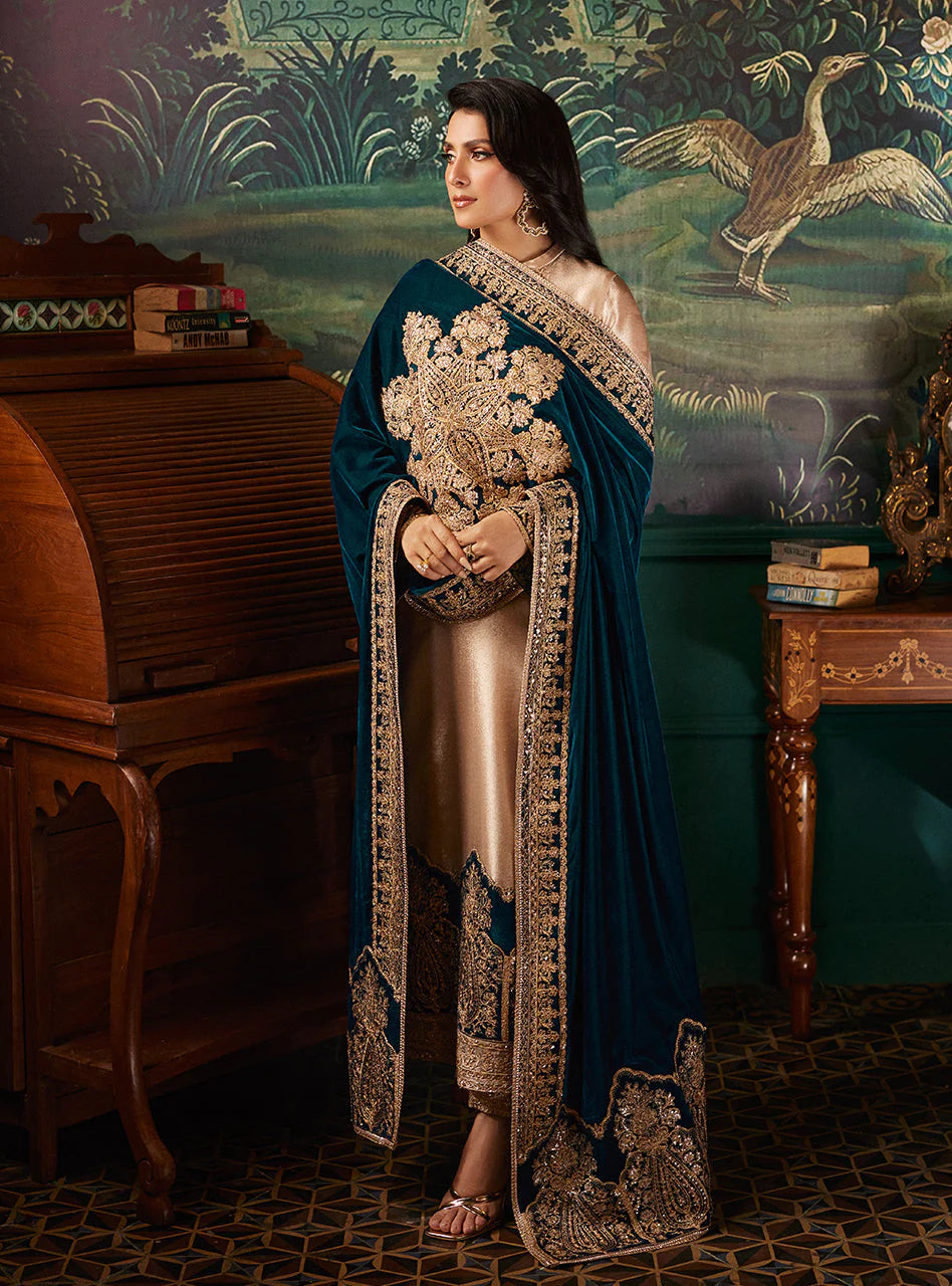 Light Gold Brocade Tissue Suit with Heavy Embroidered Velvet Dupatta