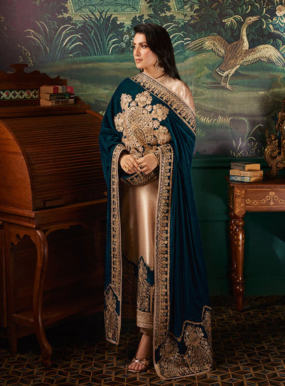 Light Gold Brocade Tissue Suit with Heavy Embroidered Velvet Dupatta