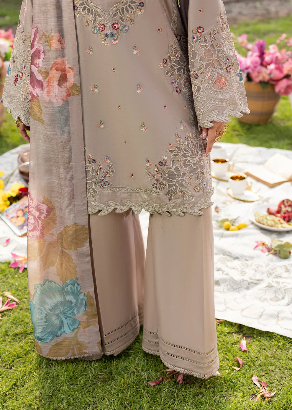 Mouse Grey Lawn Suit with Short Shirt & Patchwork Embroidery