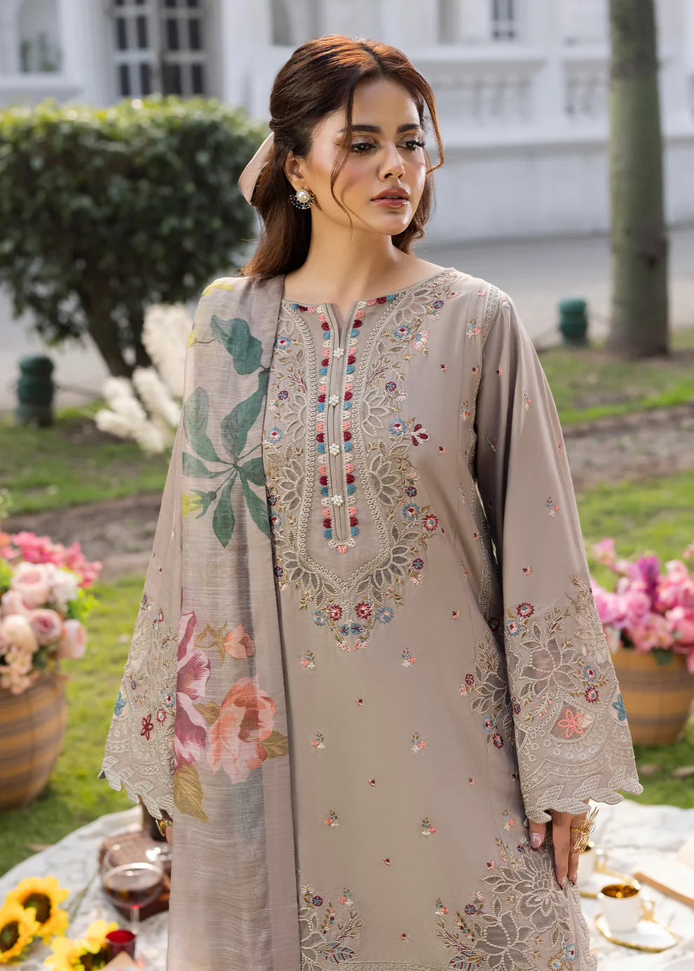 Mouse Grey Lawn Suit with Short Shirt & Patchwork Embroidery