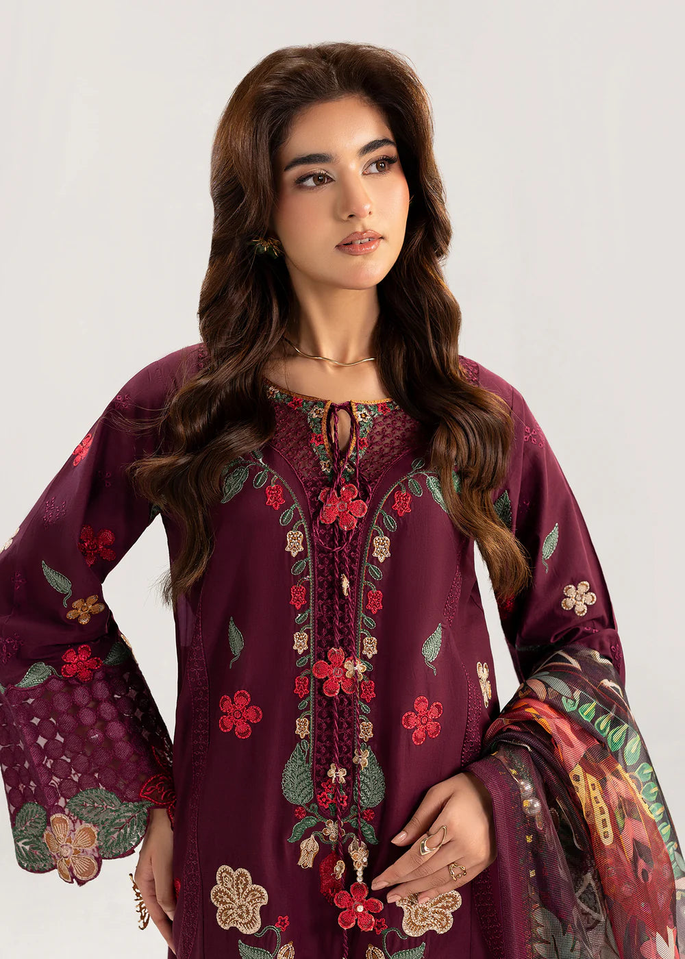 Wine Embroidered Premium Lawn Suit with Embroidered Trousers