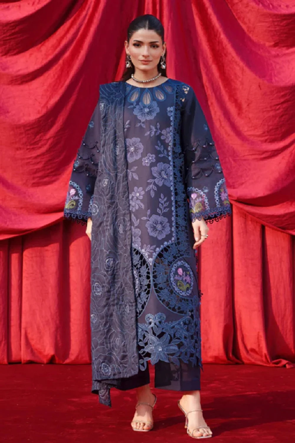 Navy Blue Heavy Embroidered Luxury Lawn Suit with Laser Cutwork