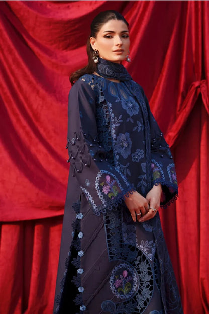 Navy Blue Heavy Embroidered Luxury Lawn Suit with Laser Cutwork