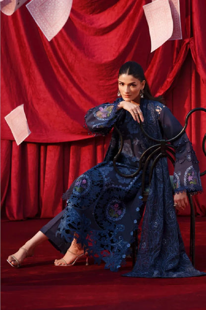 Navy Blue Heavy Embroidered Luxury Lawn Suit with Laser Cutwork