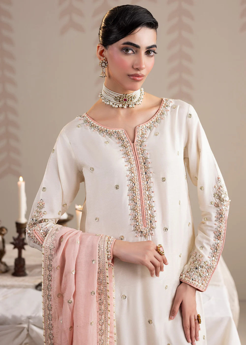 Ivory Hand Embellished Raw Silk Suit